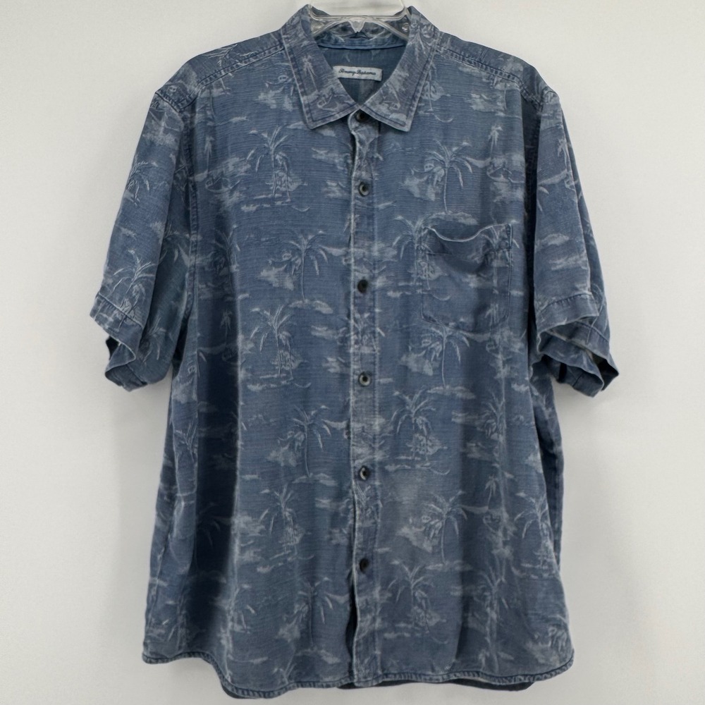 Tommy Bahama Shirt Men XXL Blue Silk Jacquard Palm Tree Short Sleeve Button Down